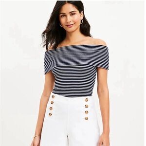 LOFT Blue and White Fitted Off-the-Shoulder Top